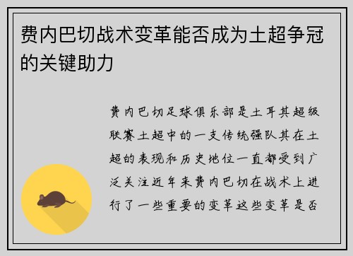 费内巴切战术变革能否成为土超争冠的关键助力 费内巴切战术变革能否成为土超争冠的关键助力