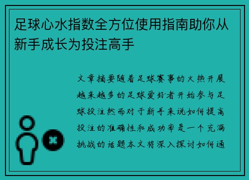 足球心水指数全方位使用指南助你从新手成长为投注高手 足球心水指数全方位使用指南助你从新手成长为投注高手