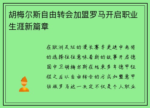 胡梅尔斯自由转会加盟罗马开启职业生涯新篇章 胡梅尔斯自由转会加盟罗马开启职业生涯新篇章